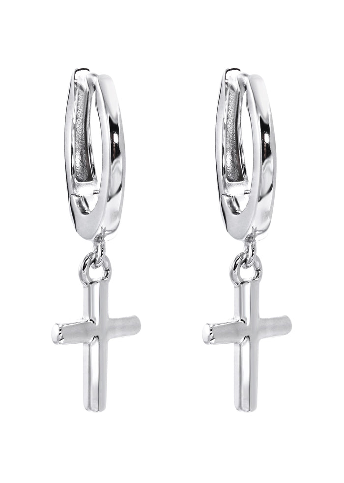 Mens Jewelry - Silver Iced Out VVS Hoop Cross Earrings for Men | Appx. 2 Grams