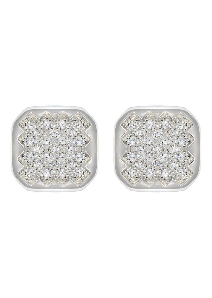 Mens Jewelry - Silver Micro Pave Sun Square Iced Out VVS Stud Earrings for Men | Appx. 3 Grams