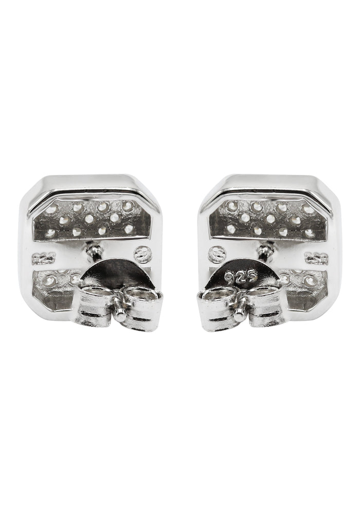 Mens Jewelry - Silver Micro Pave Sun Square Iced Out VVS Stud Earrings for Men | Appx. 3 Grams