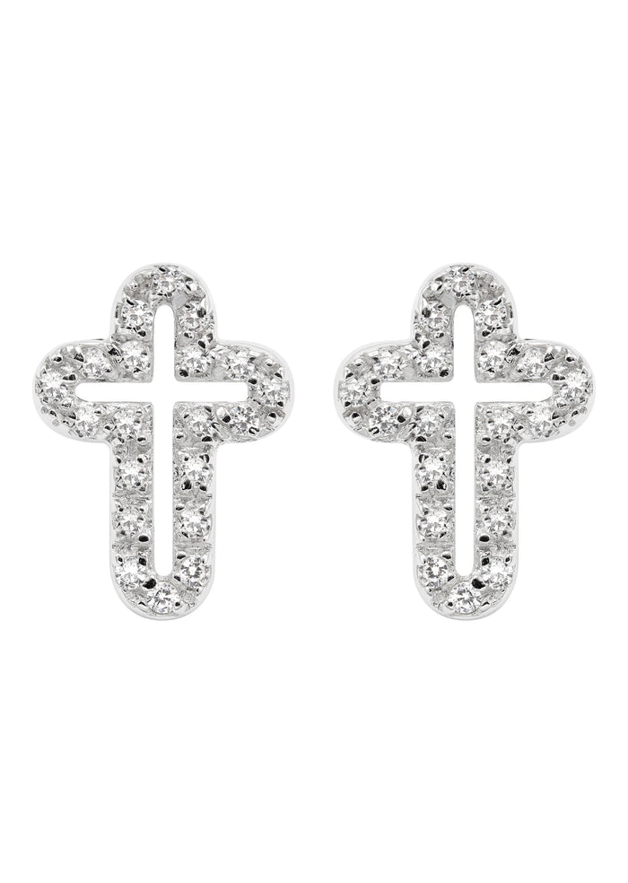 Mens Jewelry - Silver Open Cross Iced Out VVS Stud Earrings for Men | Appx. 2 Grams
