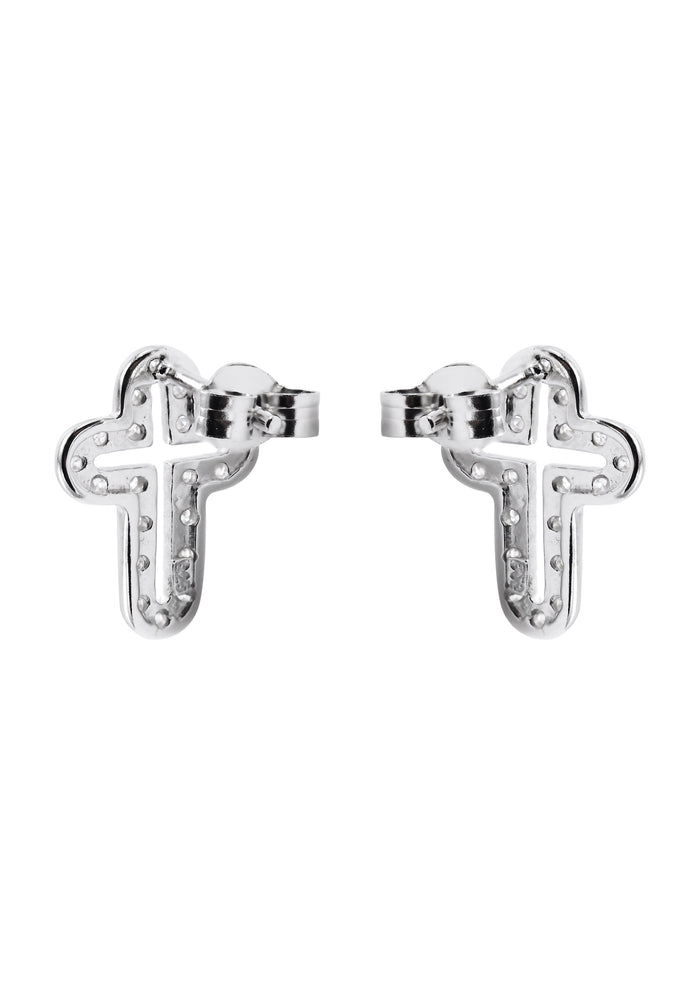Mens Jewelry - Silver Open Cross Iced Out VVS Stud Earrings for Men | Appx. 2 Grams
