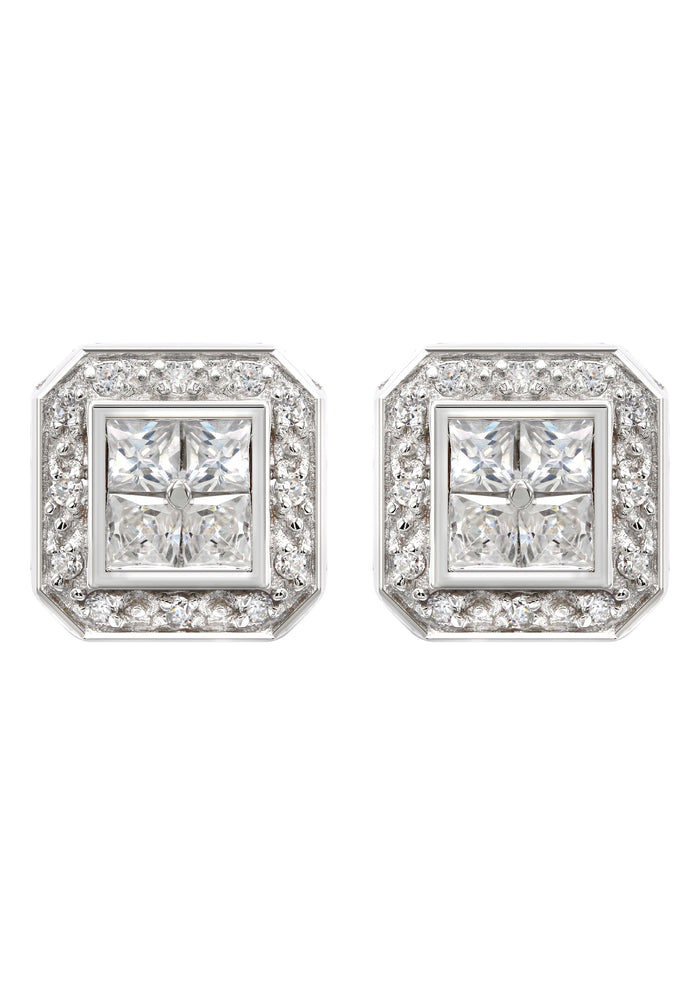 Mens Jewelry - Silver Square Halo Iced Out VVS Stud Earrings for Men | Appx. 5 Grams