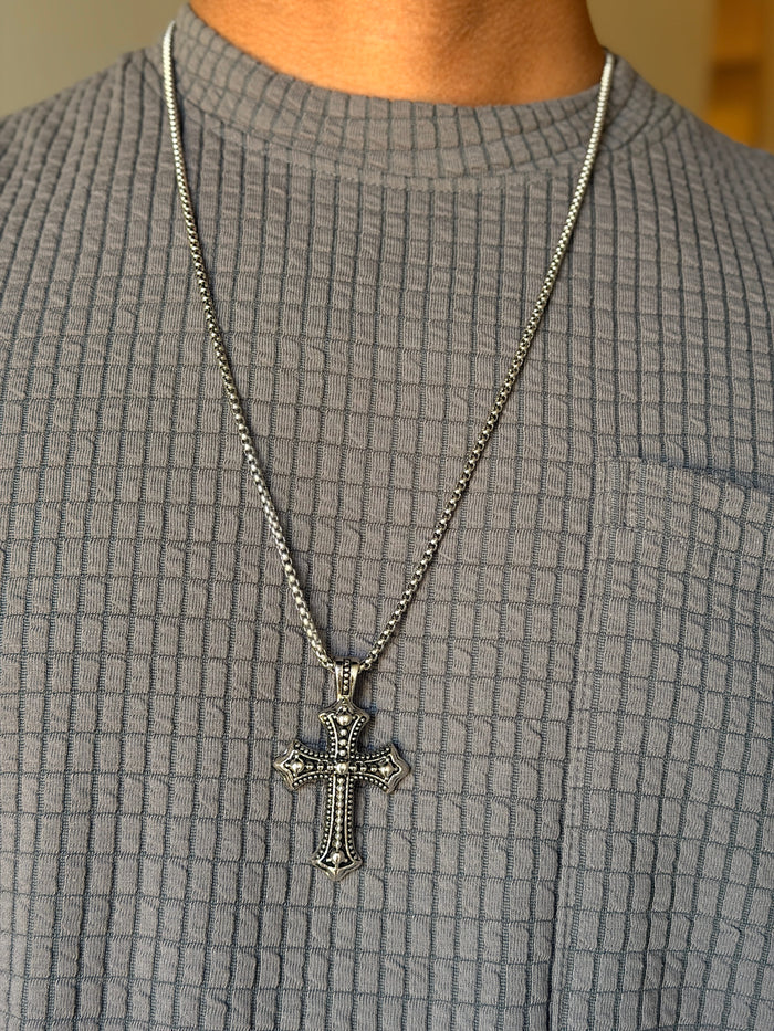 Men's Silver Ornate Cross Pendant Chain