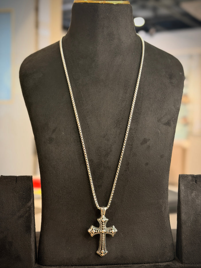 Men's Silver Ornate Cross Pendant Chain