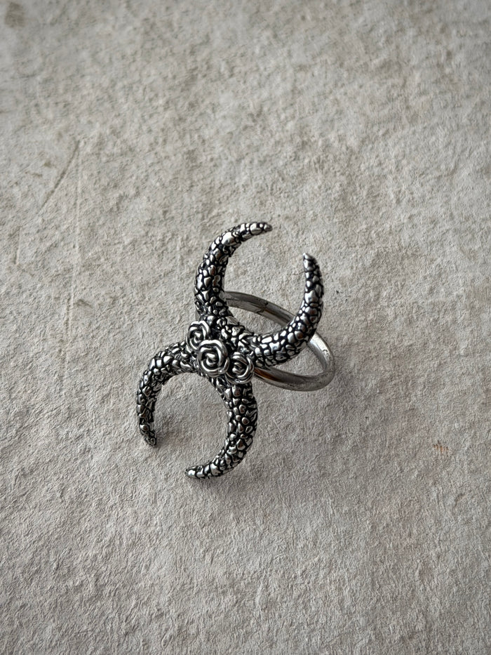 Men's Silver Oxidised Crescent Rose Ring