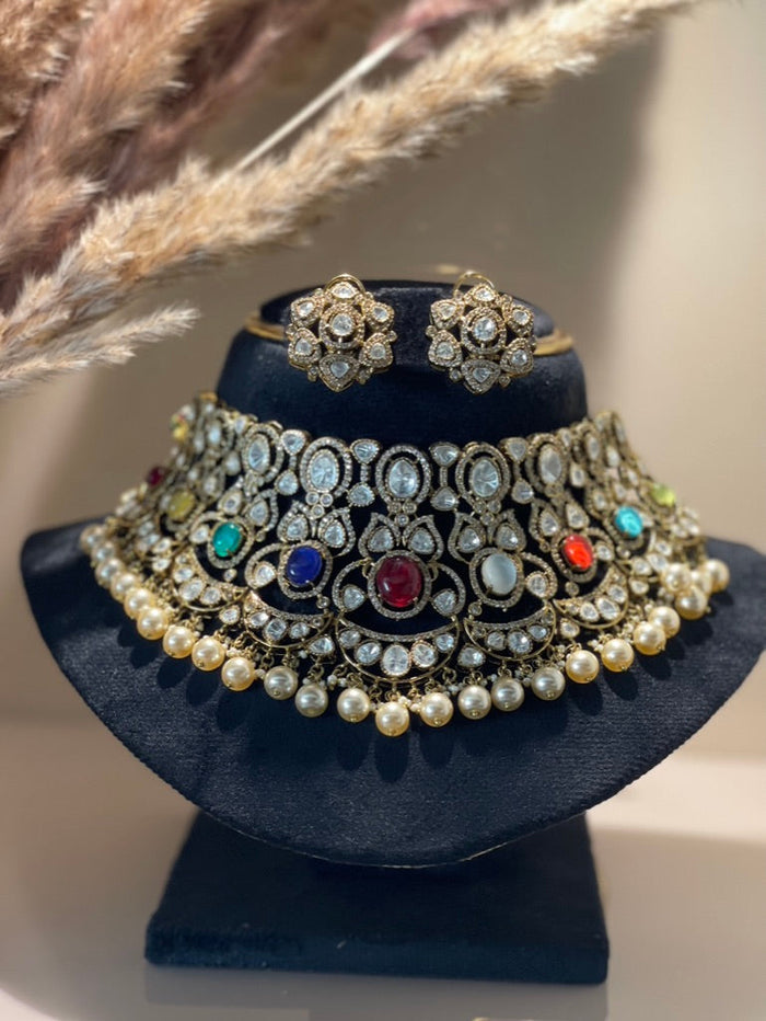 Moissanite Polki Pearl Choker Necklace Set