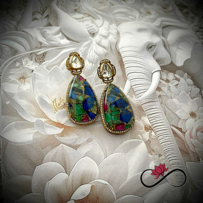 Moissanite Top Multicolor Mozaic Tear Drop Earring