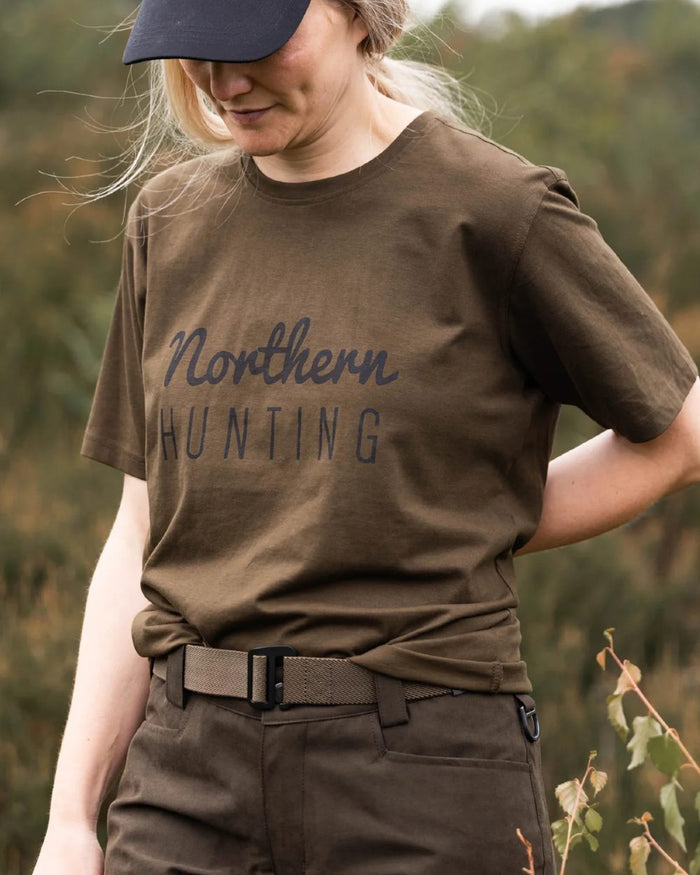 Green coloured Northern Hunting Womens Ronja Cotton T-Shirt on forest background #colour_green