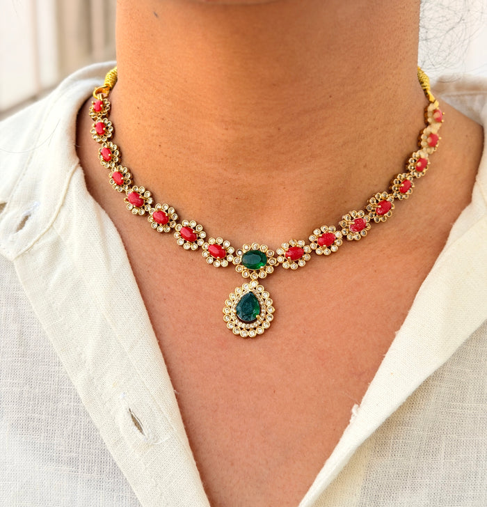 Orange Floral Stone Necklace Set
