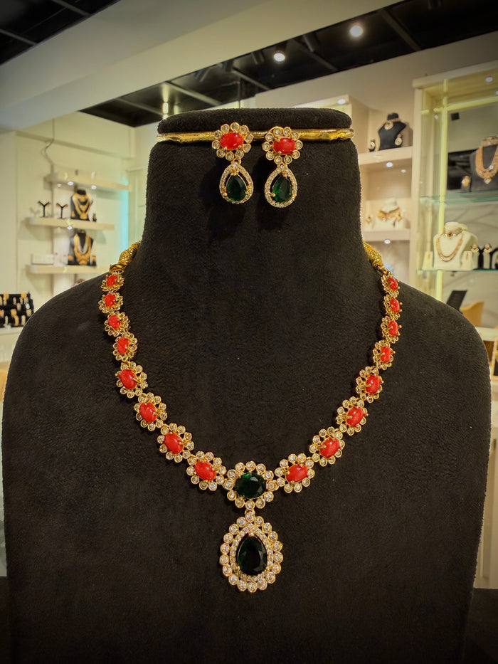 Orange Floral Stone Necklace Set