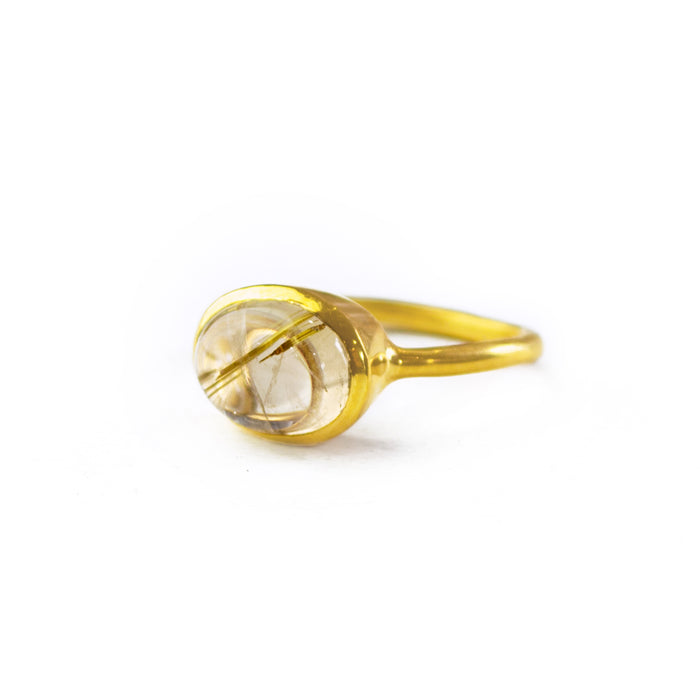 Oval Golden Rutilated Quartz Cabochon Ring, Bezel Set Birthstone Ring in Sterling Silver, Gold or Rose Gold