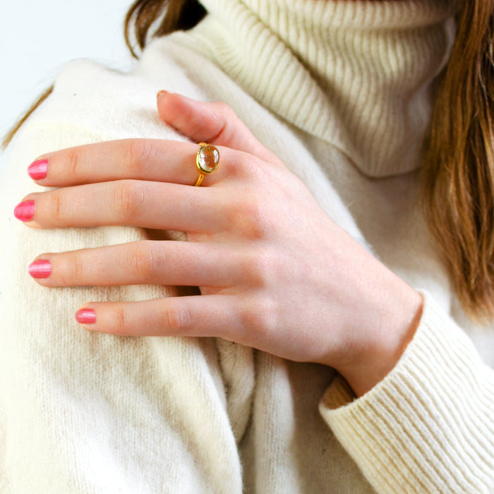Oval Golden Rutilated Quartz Cabochon Ring, Bezel Set Birthstone Ring in Sterling Silver, Gold or Rose Gold