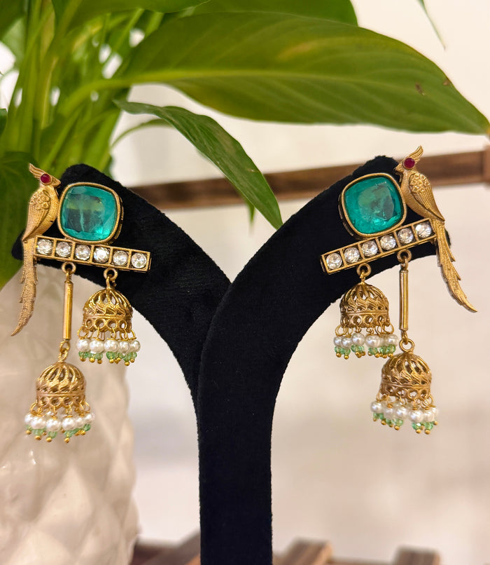 Parrot Kundan Polki Pearl Jhumka Kashmiri Earrings