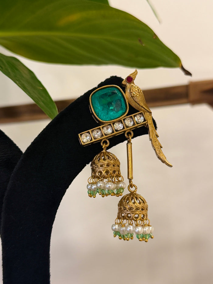 Parrot Kundan Polki Pearl Jhumka Kashmiri Earrings