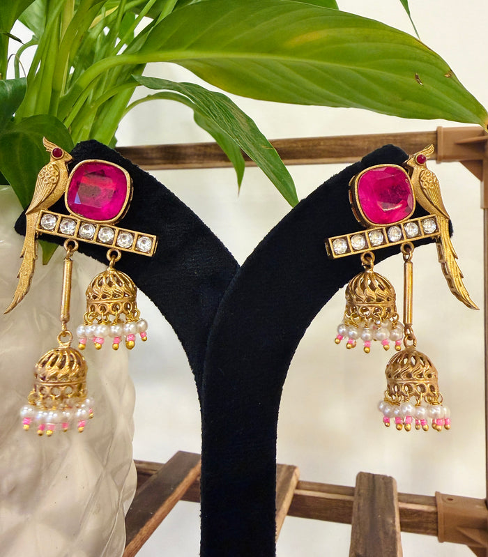Parrot Kundan Polki Pearl Jhumka Kashmiri Earrings