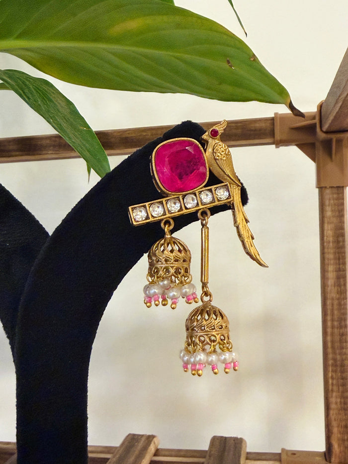 Parrot Kundan Polki Pearl Jhumka Kashmiri Earrings