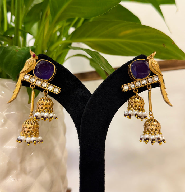 Parrot Kundan Polki Pearl Jhumka Kashmiri Earrings