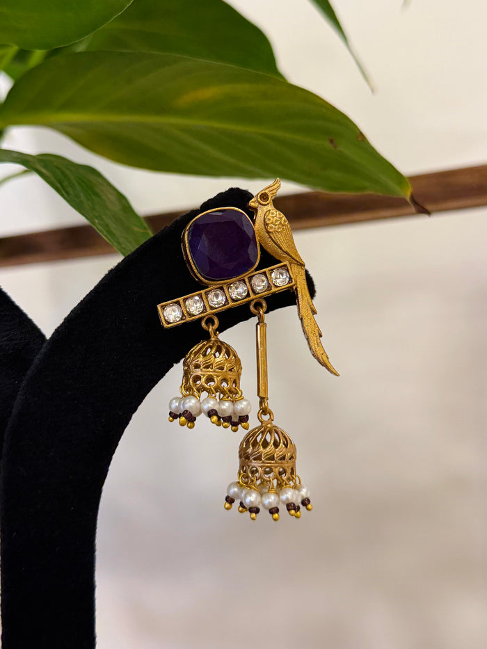 Parrot Kundan Polki Pearl Jhumka Kashmiri Earrings