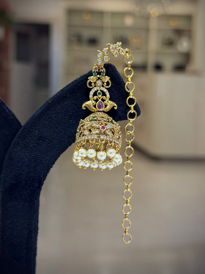 Peacock Kundan Jhumka Earrings with Ear Chain