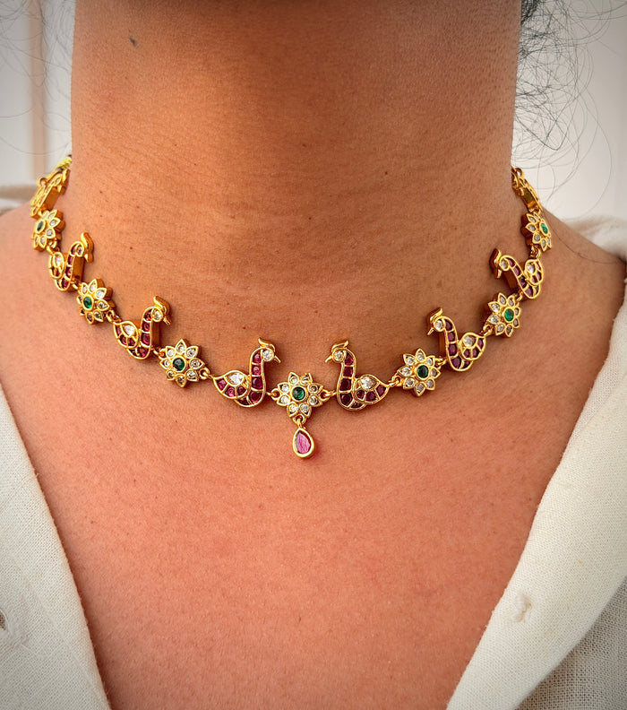 Peacock Ruby & Emerald Floral Necklace Set