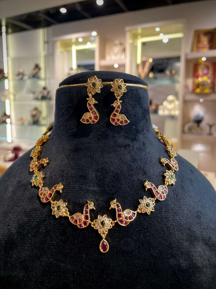 Peacock Ruby & Emerald Floral Necklace Set