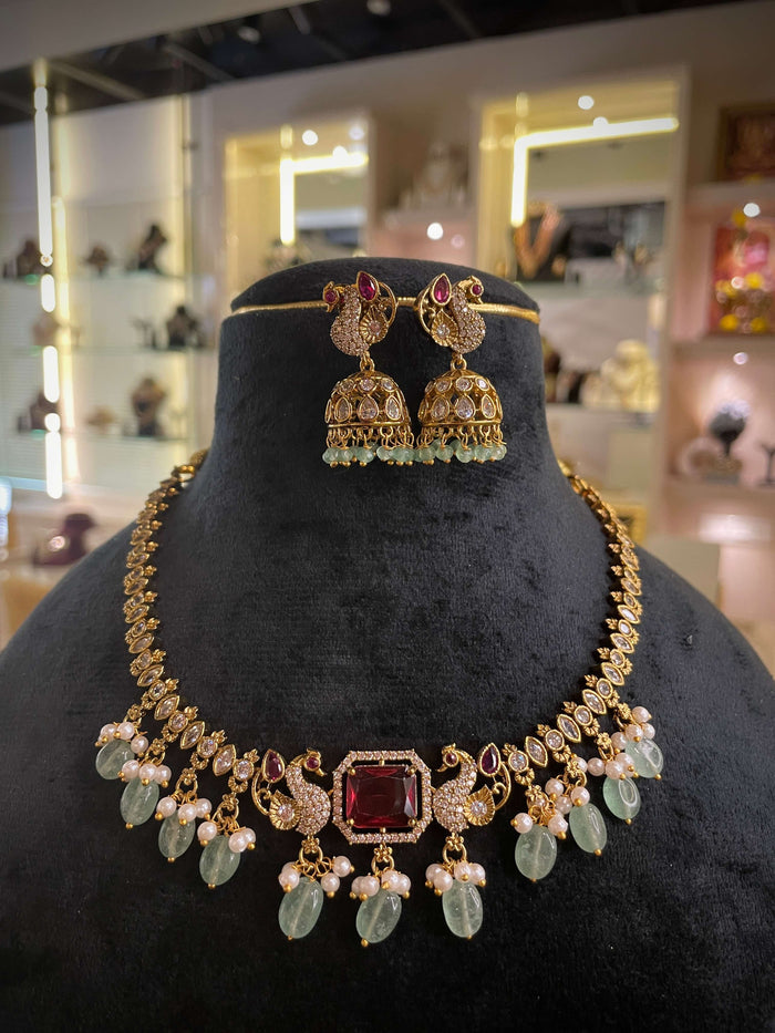 Peacock Ruby Emerald Pearl Choker Necklace Set