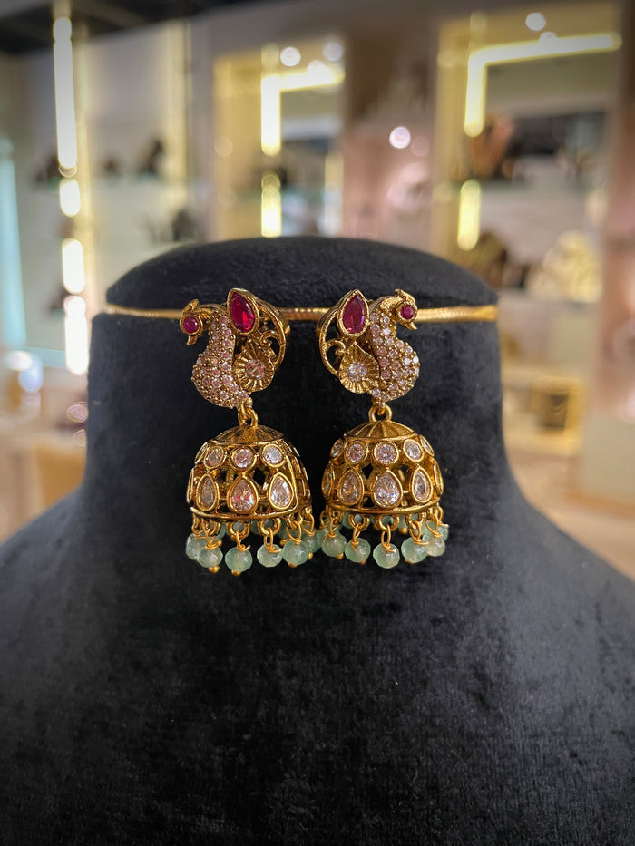 Peacock Ruby Emerald Pearl Choker Necklace Set