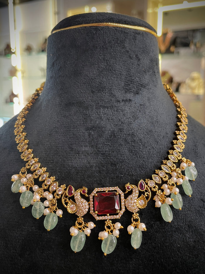 Peacock Ruby Emerald Pearl Choker Necklace Set