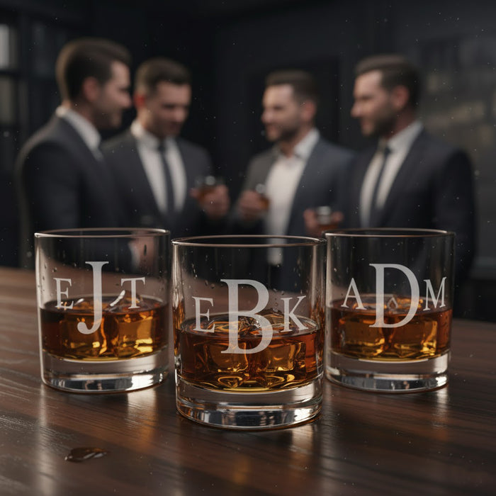 Custom engraved whiskey glasses with bold etched initials filled with bourbon on a wooden bar, personalized monogram rocks glasses for men, sophisticated barware set perfect for groomsmen gifts, best man gift, Father’s Day or anniversary, modern custom scotch glasses for home bar or office.