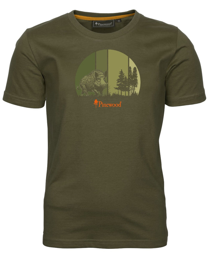 Olive coloured Pinewood Childrens Wild Boar T-Shirt on white background #colour_olive
