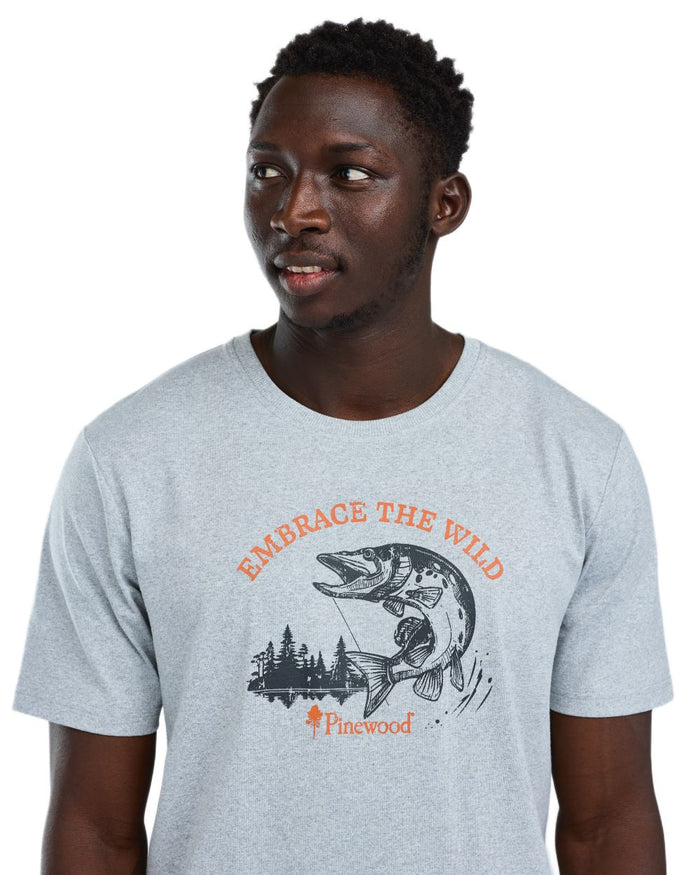 Light Grey Melange Pike coloured Pinewood Mens Fishing T-Shirt on white background #colour_light-grey-melange-pike