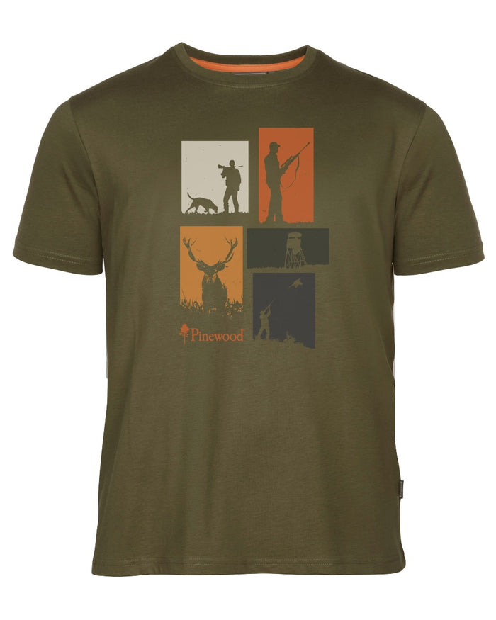 Olive Melange coloured Pinewood Mens Hunting T-Shirt on white background #colour_olive-melange