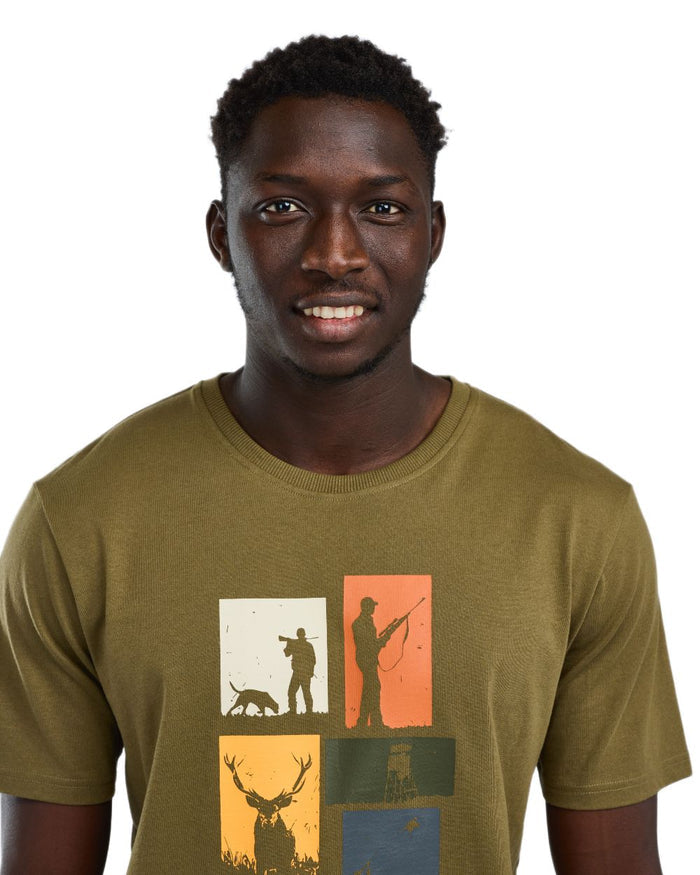 Olive Melange coloured Pinewood Mens Hunting T-Shirt on white background #colour_olive-melange