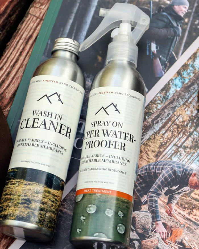 Mix coloured Pinewood Pinetech Super Waterproofer Spray on outdoor background #colour_mix