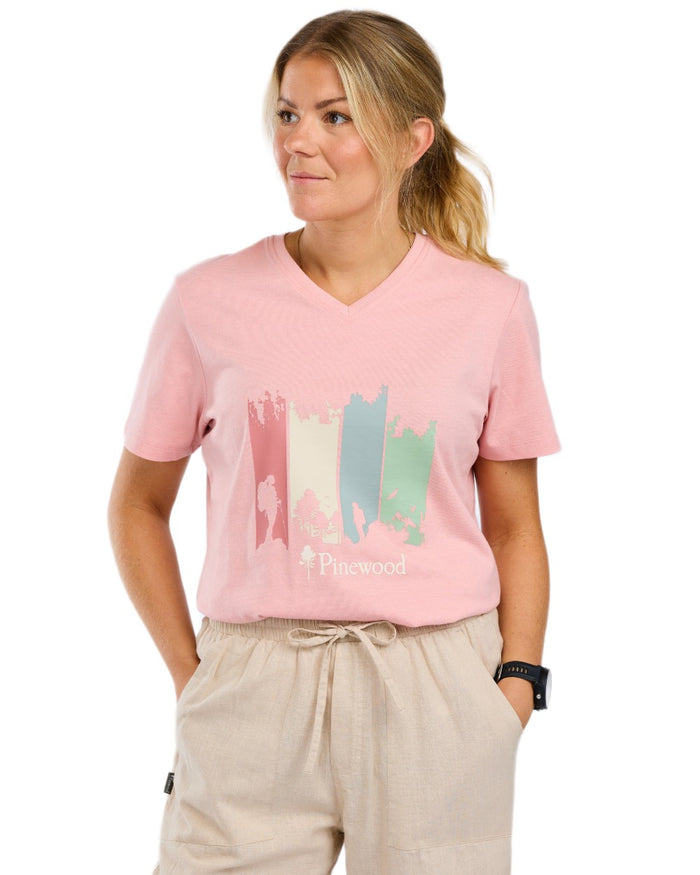 Dark Pink Melange Adventure coloured Pinewood Womens Finnveden Recycled Outdoor T-Shirt on white background #colour_dark-pink-melange-adventure