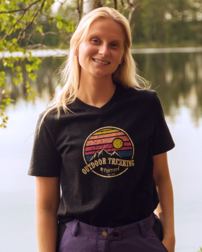 Dark Anthracite Melange coloured Pinewood Womens Finnveden Recycled Outdoor T-Shirt on lake background #colour_dark-anthracite-melange