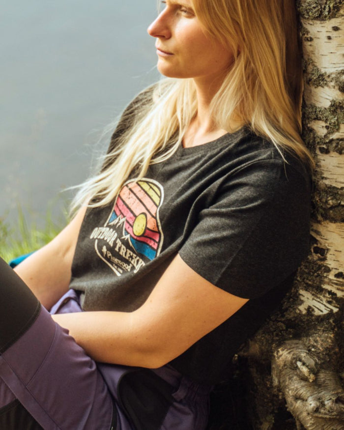 Dark Anthracite Melange coloured Pinewood Womens Finnveden Recycled Outdoor T-Shirt on lake background #colour_dark-anthracite-melange