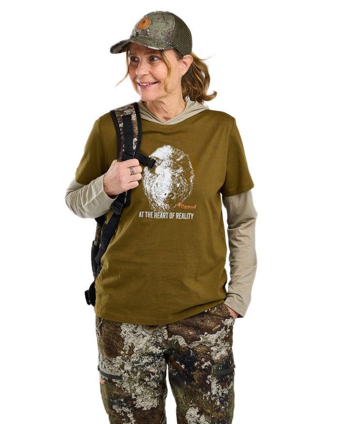 Hunter Olive coloured Pinewood Womens Wild Boar T-Shirt on white background #colour_hunter-olive