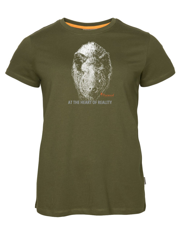 Hunter Olive coloured Pinewood Womens Wild Boar T-Shirt on white background #colour_hunter-olive