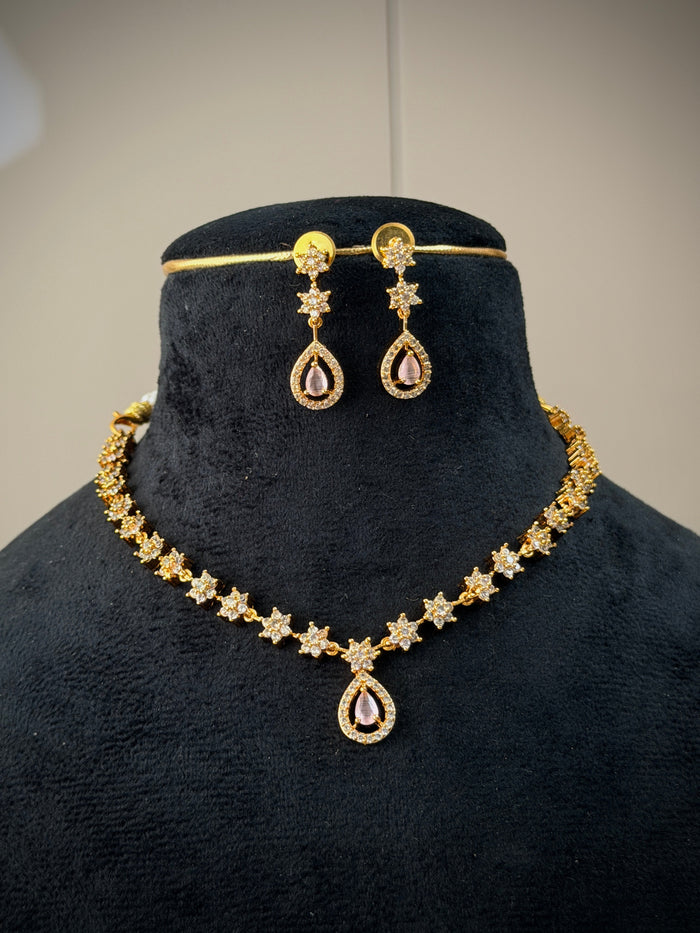 Pink CZ Star Teardrop Necklace Set