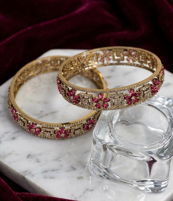 Pink Ruby Marquise CZ Floral Openwork Bangles