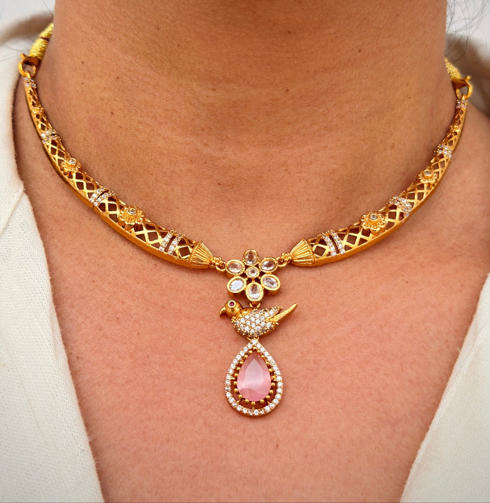 Pink TearDrop Bird Hasli Necklace Set A115