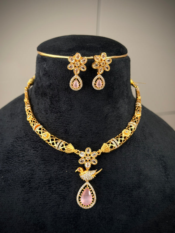 Pink TearDrop Bird Hasli Necklace Set A115