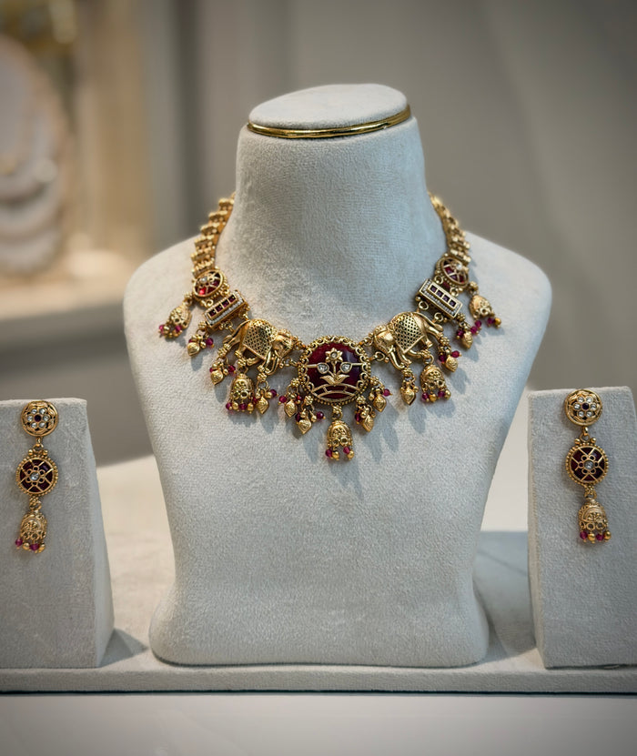 Rajwadi Elephant Motif Choker Necklace Set