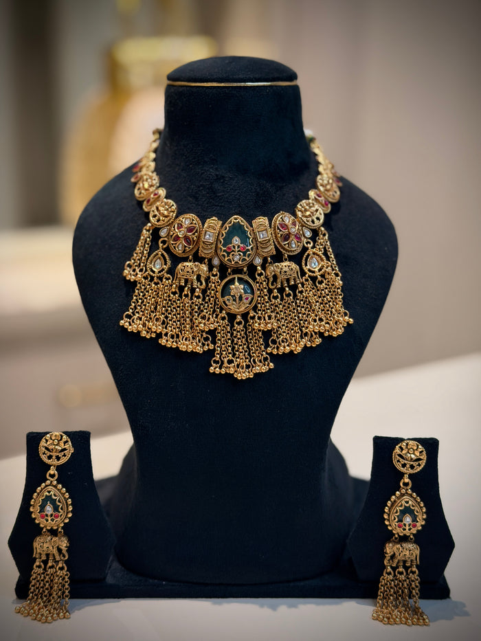 Rajwadi Elephant Motif Multi‑Layer Tassel Choker Necklace Set