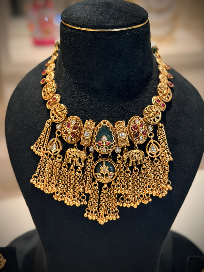 Rajwadi Elephant Motif Multi‑Layer Tassel Choker Necklace Set