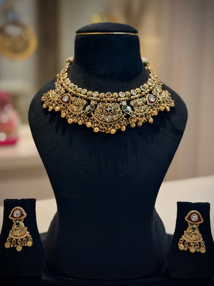 Rajwadi Parrot Motif Choker Necklace Set