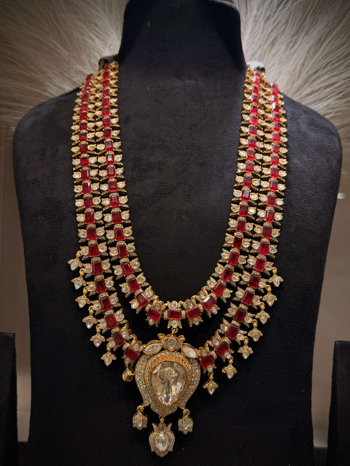 Regal Ruby Polki Double‑Layer Haar Necklace Set