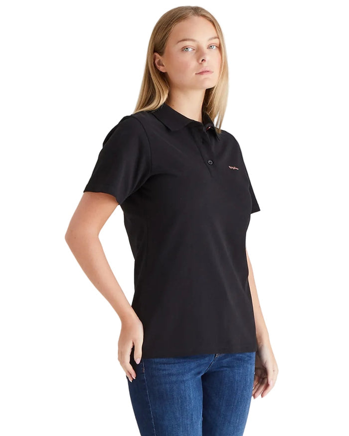 Black Coloured Ridgeline Womens Signature Polo Shirt on white background #colour_black