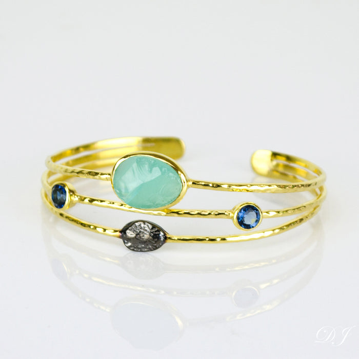 Rough Cut Aqua Chalcedony Open Bangle with Kyanite Quartz Details